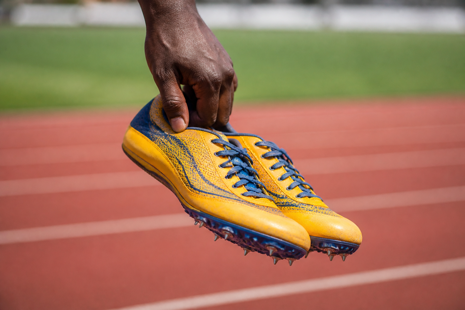 Athlete holding a pair of sprint spikes beside the track