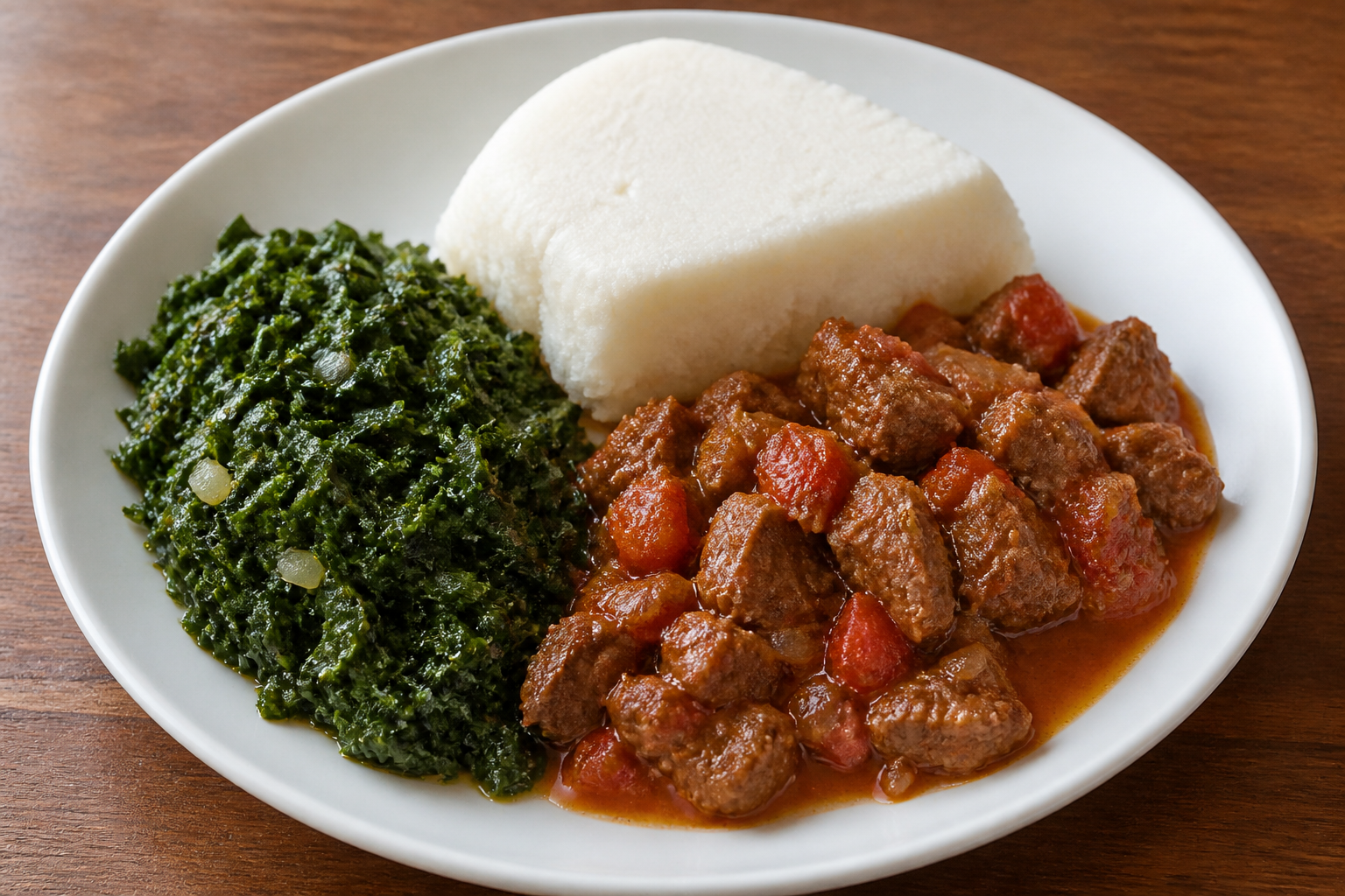 Kenyan meal of ugali, sukuma wiki and beef